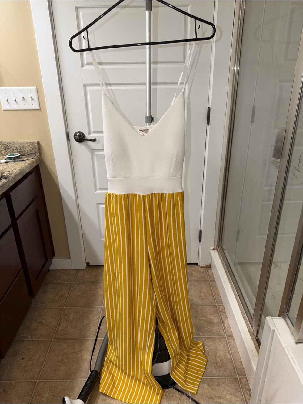 Fashion Magazine White & Yellow Striped Wide-Leg Jumpsuit